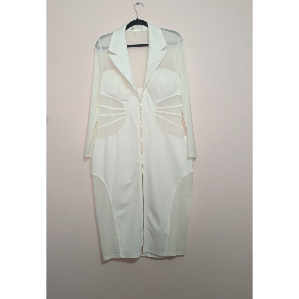 Curvy Sense Blazer Bodycon Dress Womens 2XL Ivory Sheer Mesh Cutout Zip Sexy - Picture 3 of 14